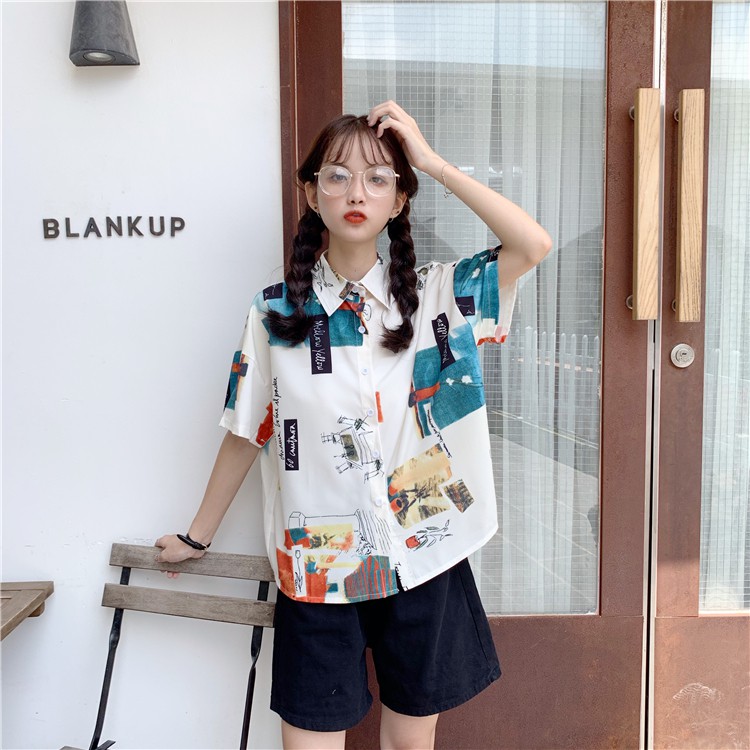 LEEVA - Áo sơ mi chiffon tay ngắn in họa tiết thời trang ngày thường cá tính cho nữ: Trắng hình | BigBuy360 - bigbuy360.vn