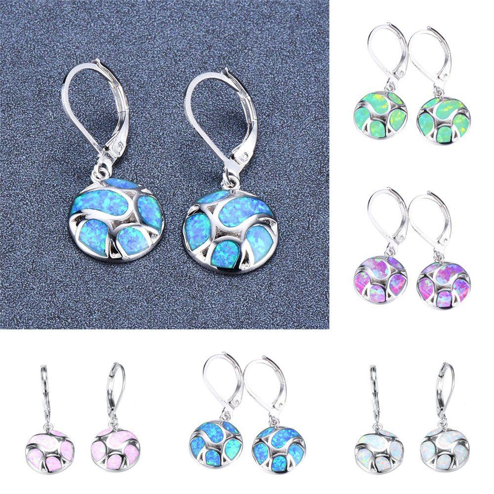 Khuyên Tai Tròn Đính Đá Opal Xanh Lam / Trắng Dễ Thương Cho Nữ