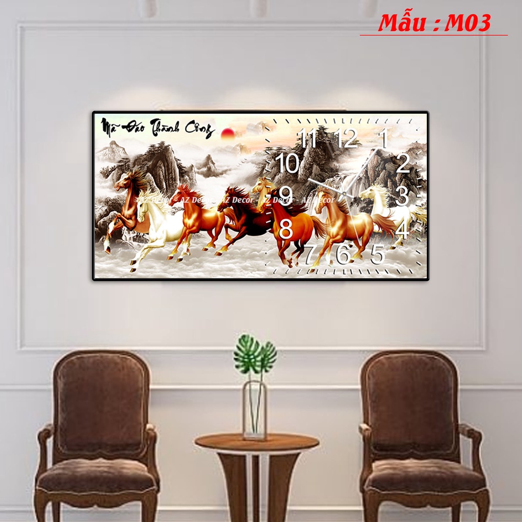 Tranh đồng hồ 2 trong 1,phủ bóng tráng gương 5D cao cấp '' Mã đáo thành công'' treo phong thủy,thu hút tài lộc.