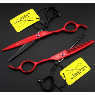 Bộ kéo cắt tóc tay trái jason đỏ đen (mua cặp kéo được tặng 1 bao da 1 lược toni guy 1 dụng cụ chỉnh kéo)