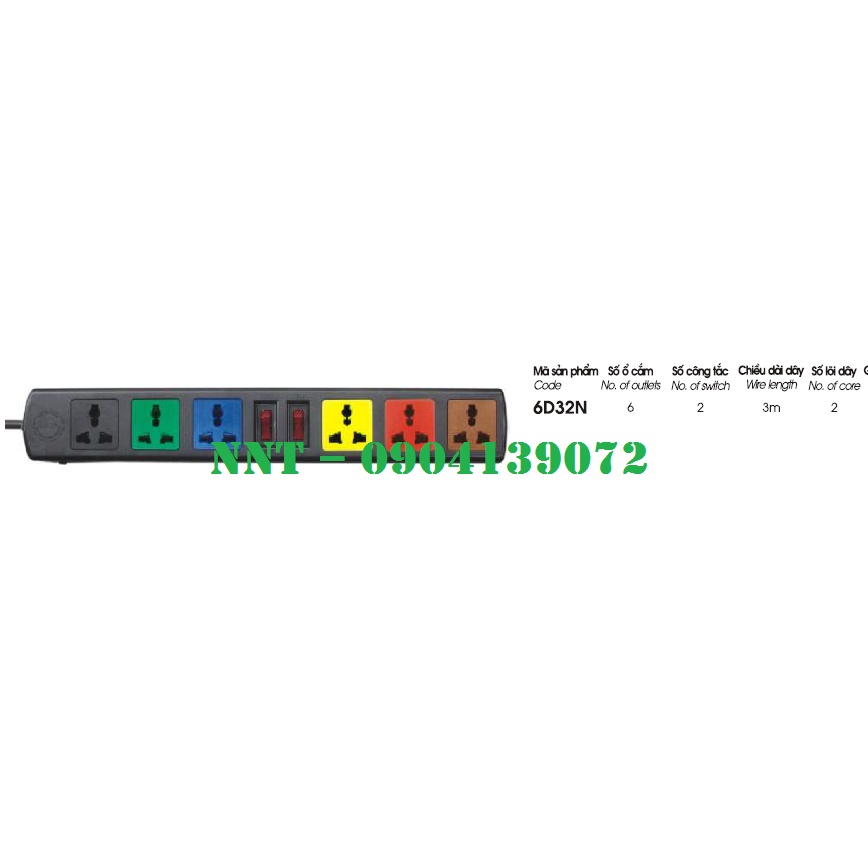 Ổ CẮM LIOA 6 LỖ 3 CHÂU 6D32N DÂY DÀI 3M
