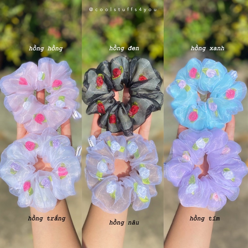 Đồ buộc tóc scrunchies thêu hoa hồng voan 2 lớp