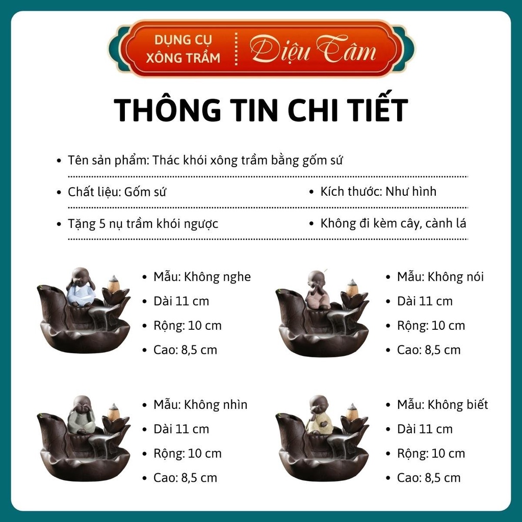 Tháp khói trầm hương hình chú tiểu, thác trầm hương đốt nụ trầm khói ngược thay cho lư đốt trầm Diệu Tâm