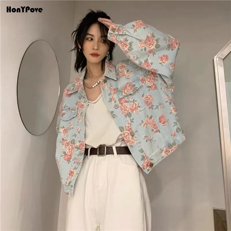 Honypove Áo khoác denim in hình hoa hồng/ Áo không tay phong cách retro thời trang mùa thu mẫu mới 2021