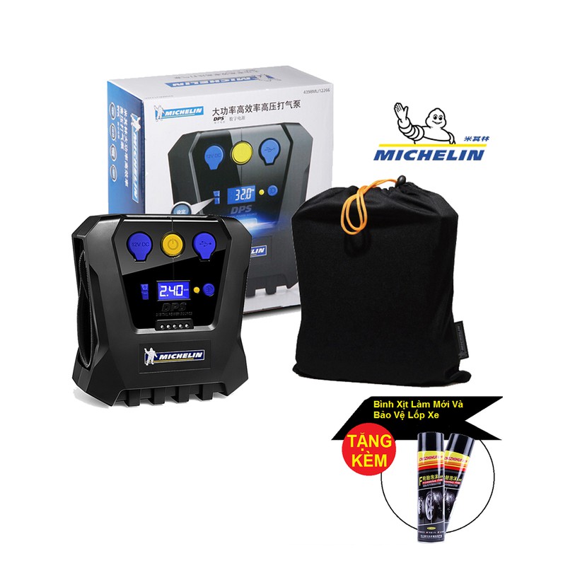 Máy Bơm Lốp Ô Tô Michelin 12266 Tự Động Ngắt Khi Đủ Áp Suất Hàng Chính Hãng Tặng Kèm Bình Xịt Làm Mới Lốp Xe