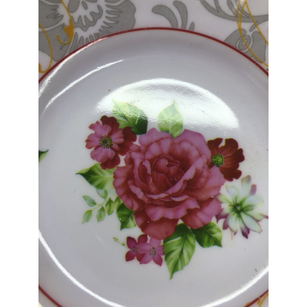 dĩa melamine tròn 16 cm sâu hoa văn bông nền màu trắng ( 1 cái )