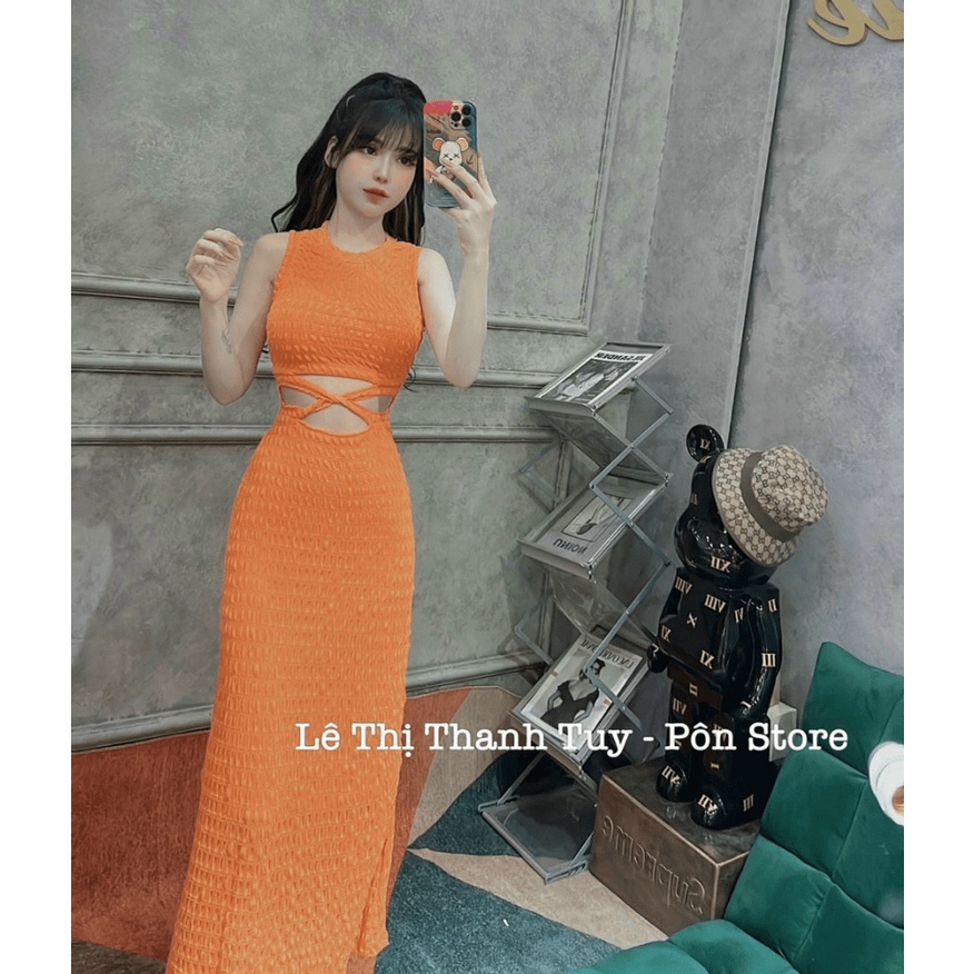 Đầm Nữ Body Dáng Dài Hở Eo Đan Dây Cổ Tròn Chất Thun Xốp Đẹp Y Hình Mặc Tôn Dáng NEW UNISEX