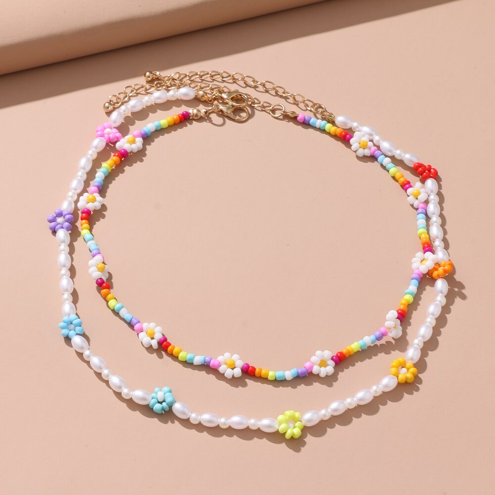 Vòng cổ choker hai lớp đính hạt ngọc trai và hoa nhiều màu sắc phong cách Bohemian Y2K cho nữ