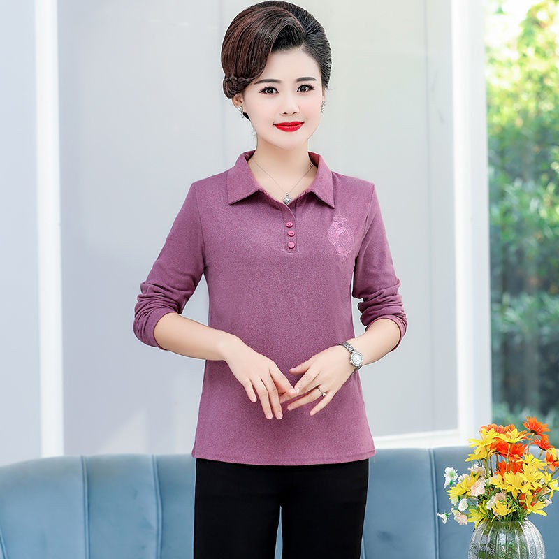 ▧✐□áo thun dài tay thời trang xuân thu cho phụ nữ trung niên và cao tuổi, 40-60 cỡ lớn thêu, có đáy rộng của mẹ