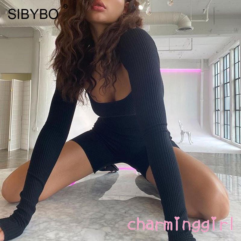 Jumpsuit Tay Dài Cổ Vuông Thiết Kế Hở Lưng Quyến Rũ Cho Nữ
