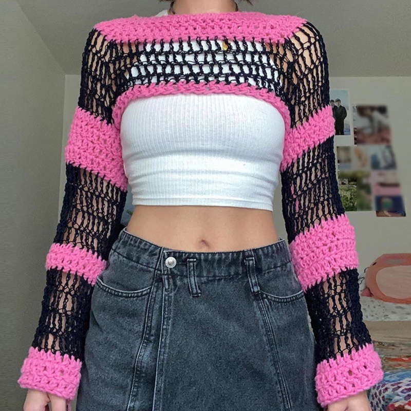 Xiangbao Áo Sweater Crop Top Dệt Kim Tay Dài Màu Sắc Tương Phản Đan Móc Hình Sọc Rỗng Cho Nữ C