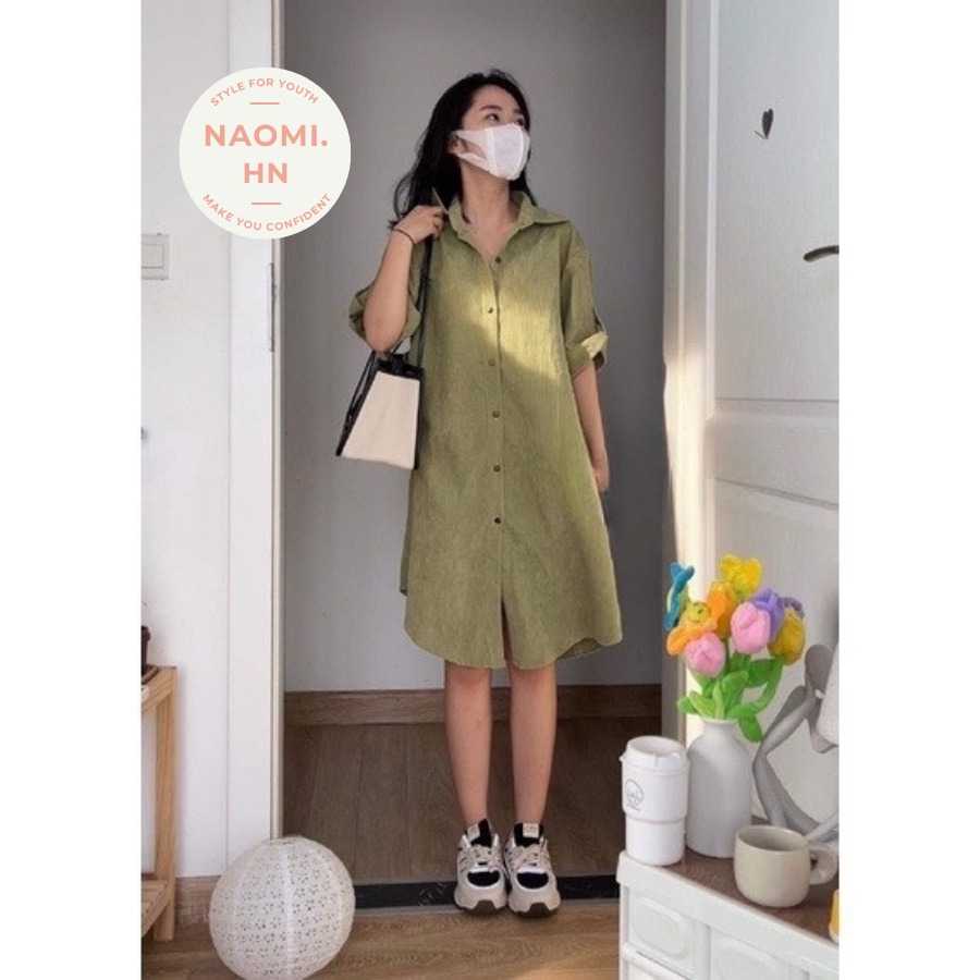 Váy sơ mi nữ nhung tăm cộc tay phối gấp tay kèm cúc. Đầm sơ mi nhung tăm dáng dài suông nhiều màu hothit