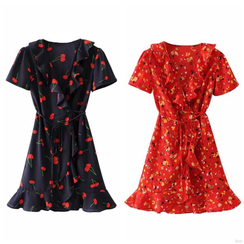 Đầm tay ngắn cổ chữ V hoạ tiết phong cách Bohemian