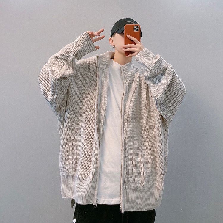 Áo Khoác Cardigan Dệt Kim Cổ Đứng Dáng Rộng Phối Khóa Kéo Thời Trang Thu Đông Cho Nam