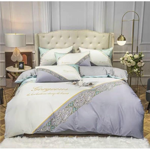 Bộ Chăn Ga Gối cotton lụa 20s Lidaco - Xám trắng
