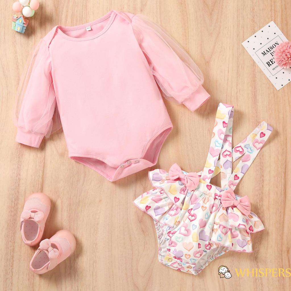 Bộ áo liền quần tay dài cổ tròn + quần short in họa tiết trái tim xinh xắn cho bé gái