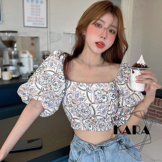 Áo voan tay phồng họa tiết hoa thiết kế cổ vuông xinh xắn cho nữ