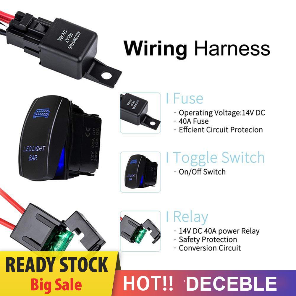 deceble LED Light Bar Wiring Harness Kit 2-Lead Rocker Switch 40A Relay 30A Fuse