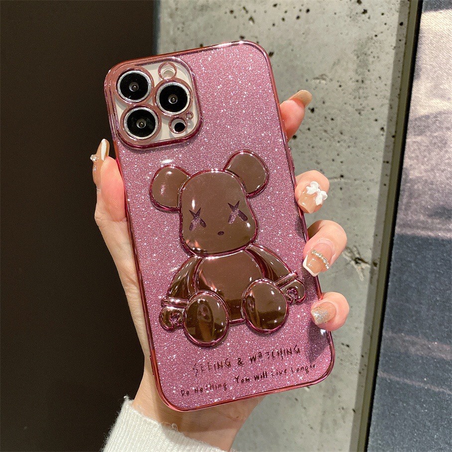 Ốp điện thoại mềm mạ nổi 6D hình gấu nhũ lấp lánh cho 7 plus 8 plus xs max 11 pro max 12 PROMAX 13PRO MAX