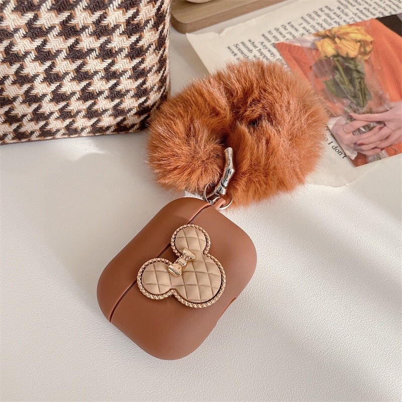 Case Airpods 1/2 /Pro Vỏ Ốp Tai Nghe Hình Mickey Nâu Kèm Cục Bông - Mr.Case AirPods