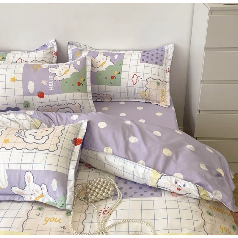 Shinbedding_ Set Cotton Poly Hoạ Tiết Xinh Xắn Dễ Thương (Set Vỏ Không Ruột)