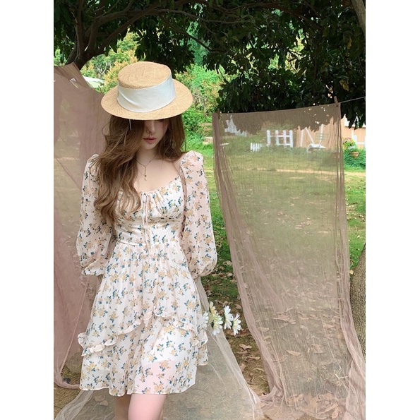 Urihouse - Đầm hoa hoạ tiết hoa nhí dài tay phồng bo chun cổ vuông dáng xoè tầng tiểu thư | Đầm công chúa