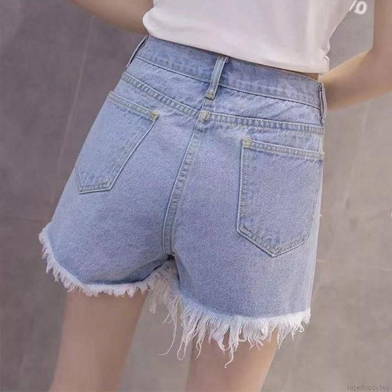 Quần short denim nữ màu trơn cao eo thon gọn hè giản dị