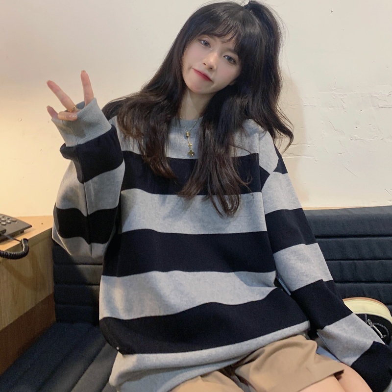 Áo sweater tay dài cổ tròn kẻ sọc thời trang retro cá tính