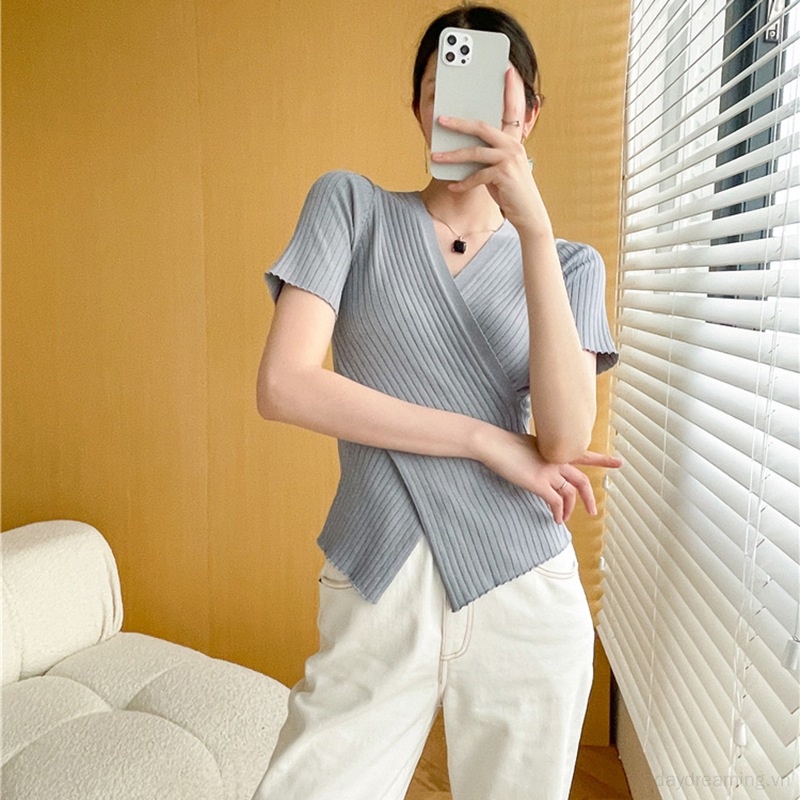 Áo Thun Dệt Kim Tay Ngắn Cổ Chữ V Màu Sắc Trơn Thời Trang Cho Nữ