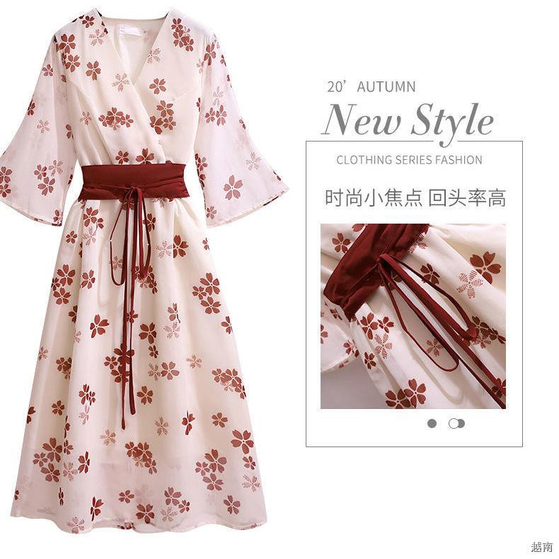 ✈Đầm hoa voan nữ hè 2021 mới Sườn xám Hanfu Phiên bản cải tiến của váy kimono cổ điển màu đỏ lưới phổ biến