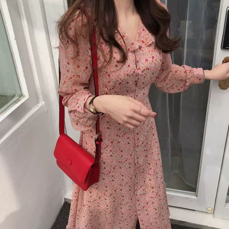 Đầm công chúa tiểu thư hoa nhí tay dài cổ bèo voan 2 lớp váy nữ form dài