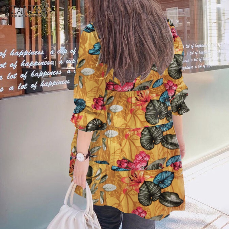 Áo kiểu ZANZEA dáng rộng tay dài cổ tròn lai nhún nếp in họa tiết đơn giản thời trang cho nữ