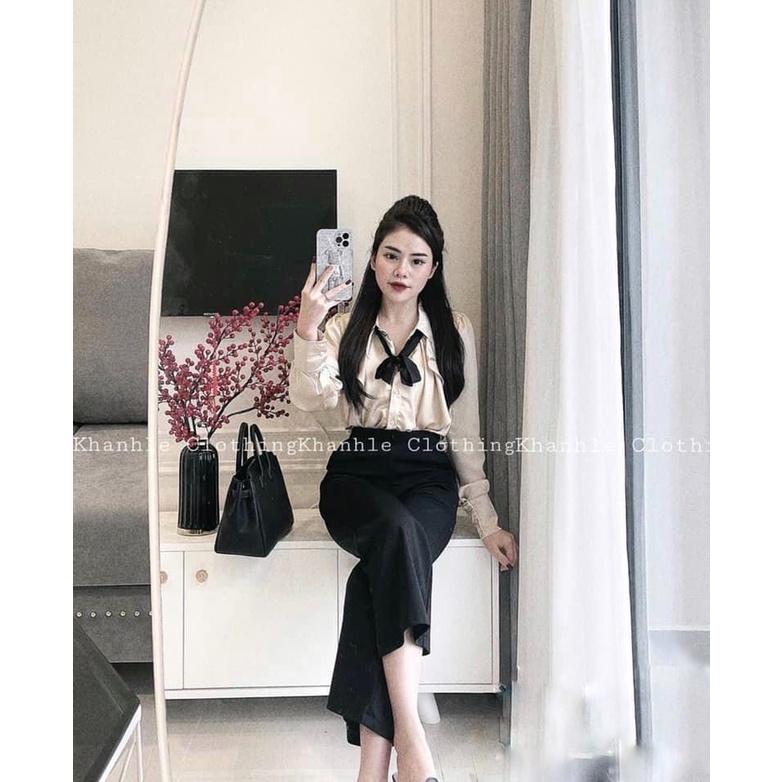 áo sơ mi nữ công sở, áo sơ mi nữ kiểu cổ bèo kèm nơ cúc ngọc dài tay Minxinh mã AM775