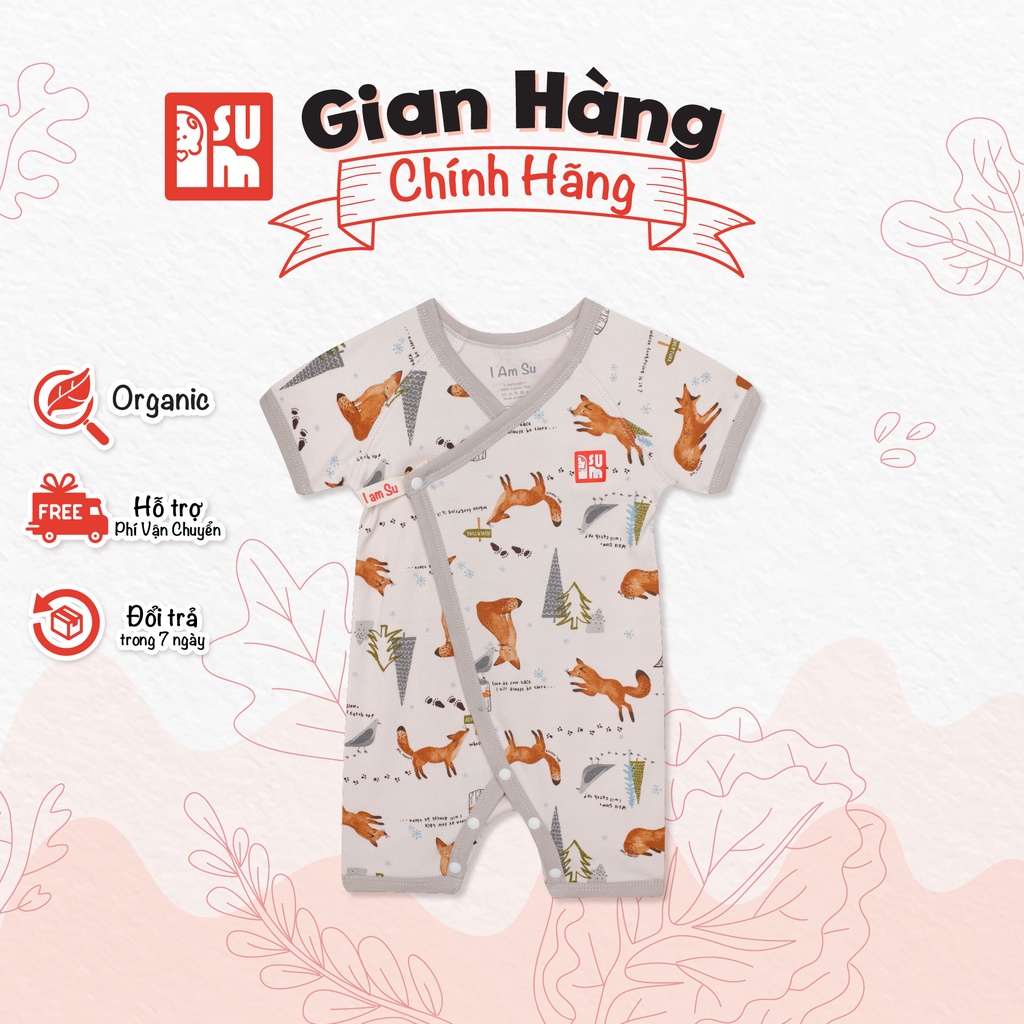 Quần áo sơ sinh bé trai bé gái IAMSU bộ quần áo sơ sinh body liền thân cài chéo cộc tay cotton organic nhập Hàn