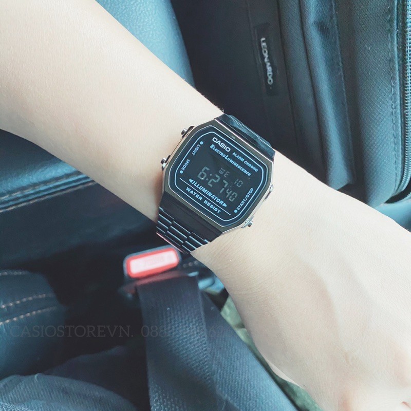 Đồng hồ Nam Casio A168WGG-1A, đồng hồ chính hãng, dây xám, mặt đen, màn hình trắng
