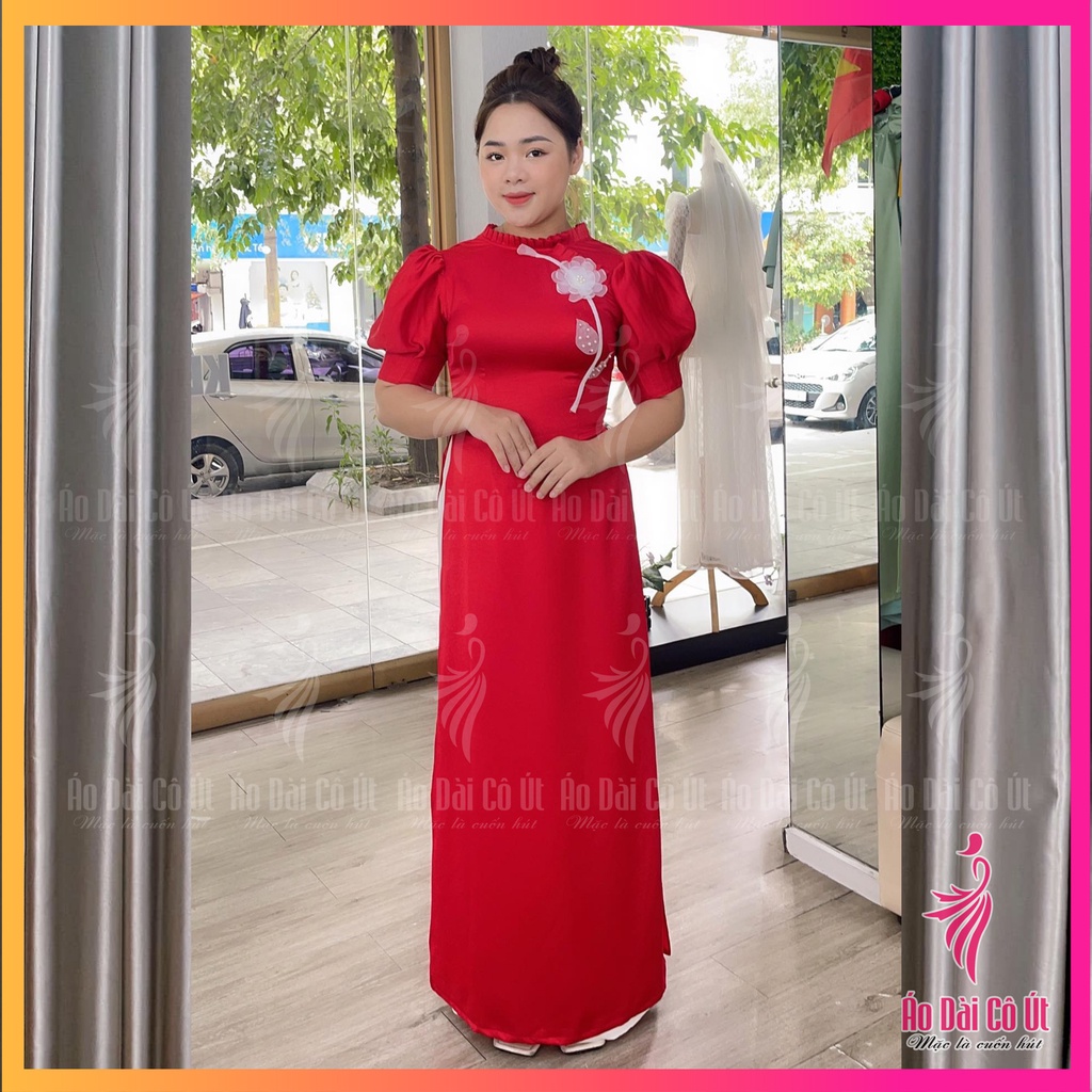 Áo Dài Lụa Tây Thi Cổ Xếp Ly Tay Bồng Đính Hạt Hàng May Sẵn