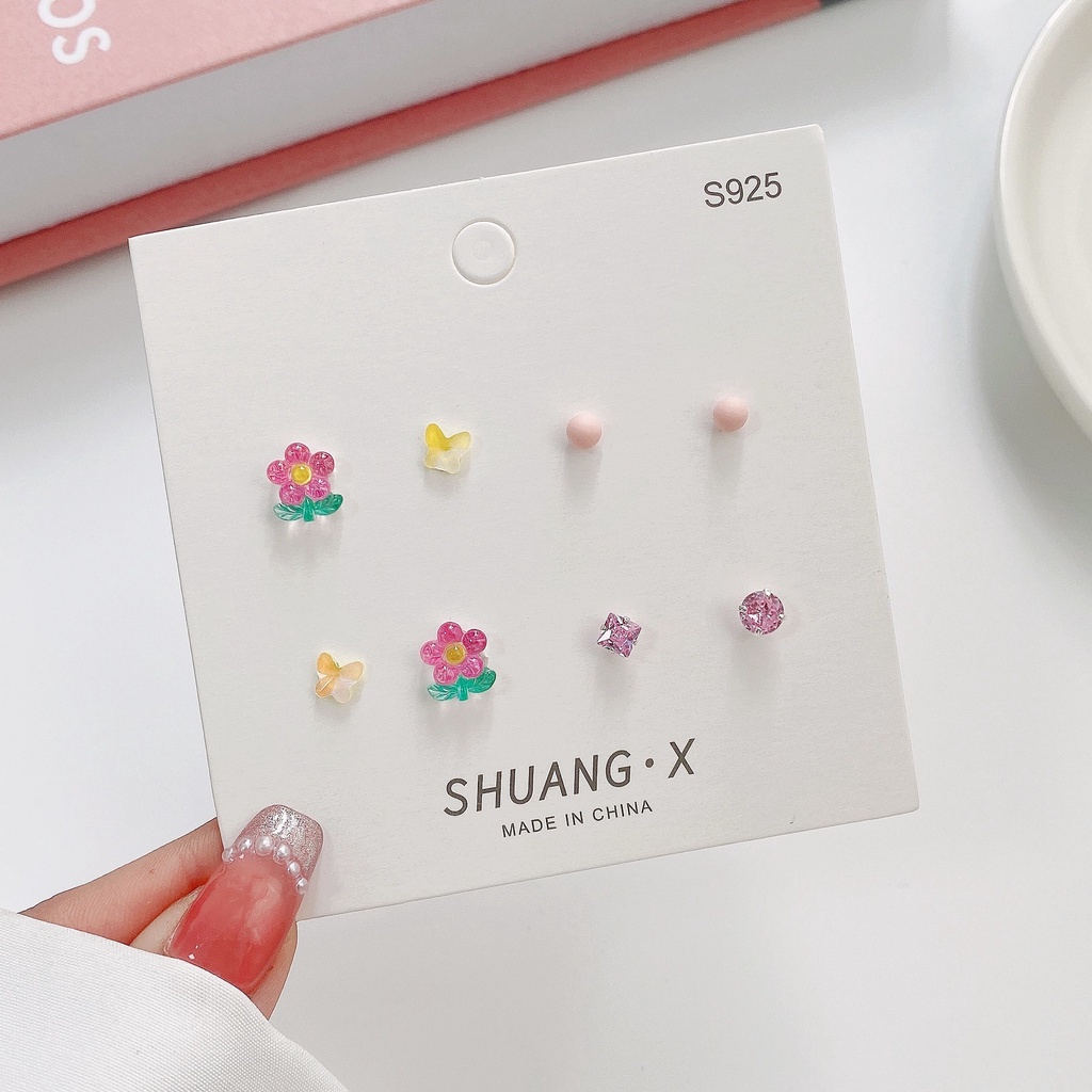 Bông Tai Mạ Bạc 925 Hình Hoa Tulip / Bướm / Hình Học Đính Pha Lê Thời Trang Cho Nữ