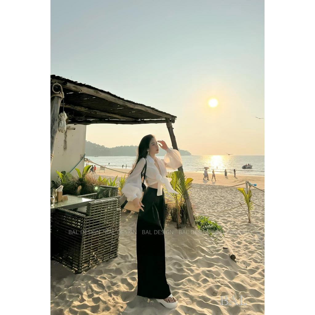 Set Bộ Đồ Nữ Áo Sơ Mi Đũi Croptop Thắt Nơ Dài Tay Mix Quần Umi Dáng Suông Rộng Đi Biển Freesize
