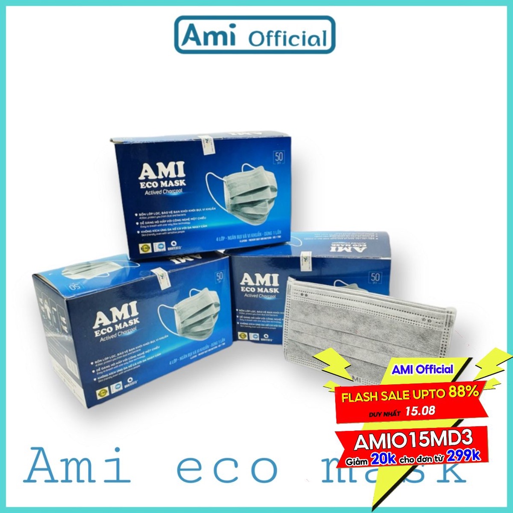 Khẩu trang y tế Ami - màu Xám 4 Lớp (hộp 50c) - Ami official