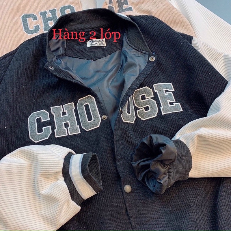 Áo khoác bomber nhung tăm thêu CHOOSE, hàng 2 lớp dày dặn freesize