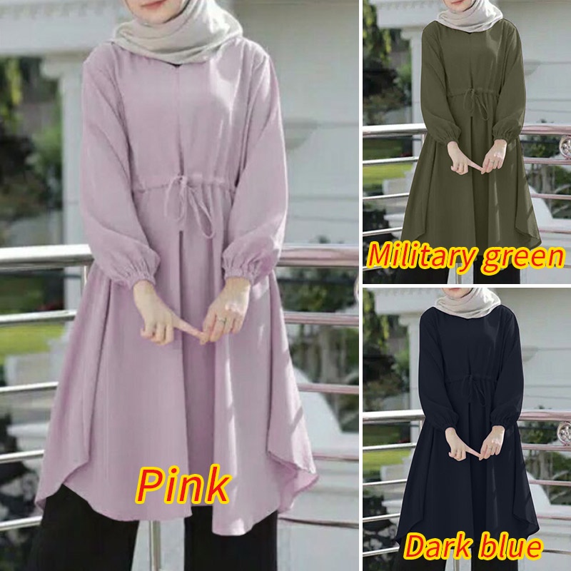 ZANZEA Áo Kiểu Dài Tay Màu Trơn Cột Dây Eo Thanh Lịch Cho Phụ Nữ Hồi Giáo