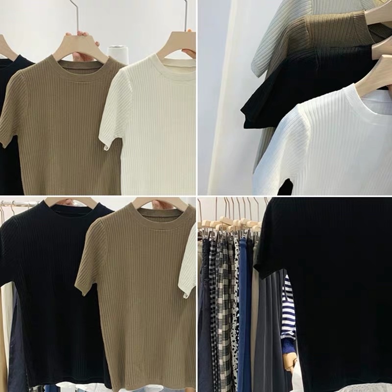 Áo Len Gân Basic Tay Ngắn Cổ Tròn, Áo Kiểu Nữ Đơn Giản