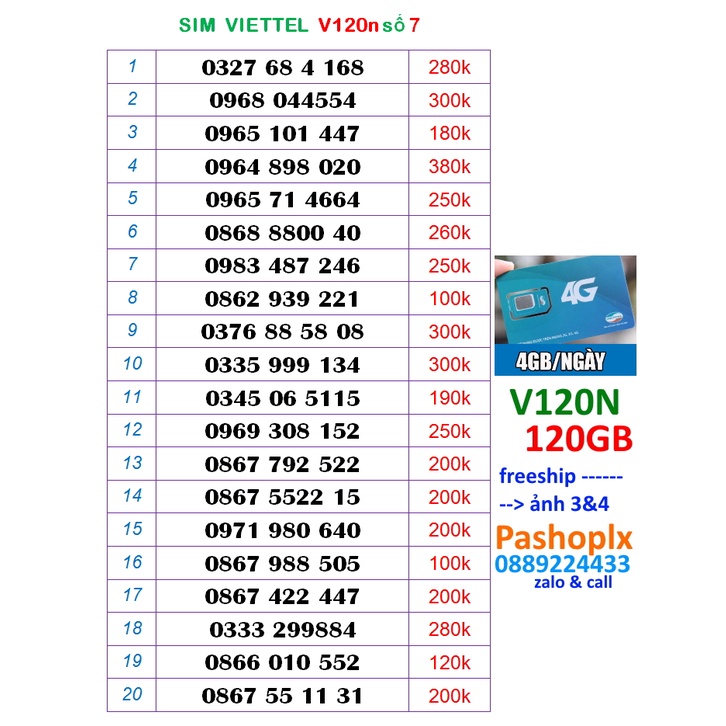 Sim viettel V120n số đẹp 7 (120gb data 4g, gọi viettel dưới 20' free, 50' ngoại mạng)