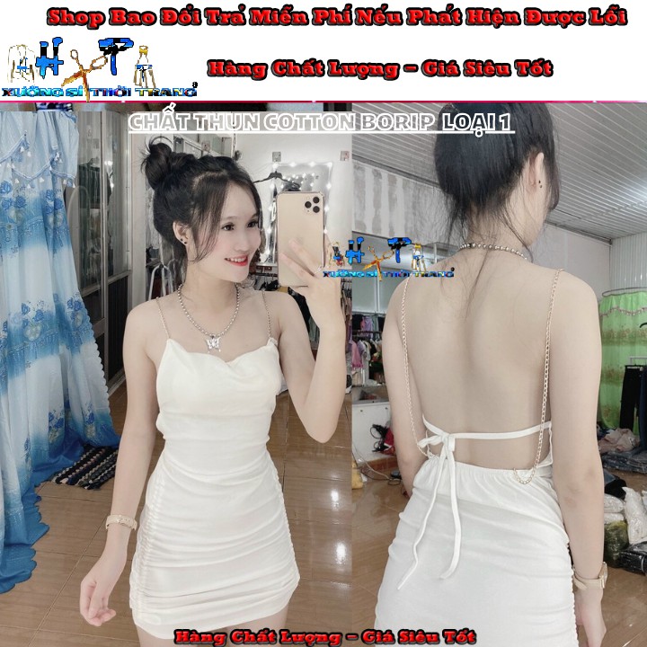 Váy đầm nữ 2 dây hở lưng dây xích vàng rút eo ôm body chất thun cotton màu đen dự tiệc thời trang sexy-VD16