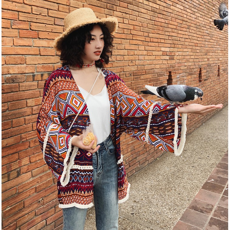 Cardigan voan họa tiết thổ cẩm boho tua rua - MS002 (Có ảnh thật)