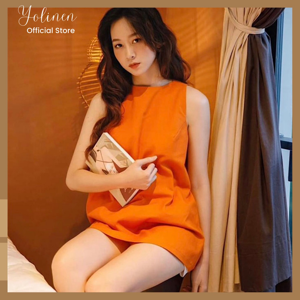 Bộ nữ mặc nhà sát nách form rộng trẻ trung YOLINEN vải linen thoáng mát nút bọc quyến rũ