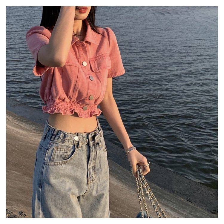 Pink Denim Short-sleeved Shirt Summer INS New Korean Version of the Slim Wild Slim Short Tops