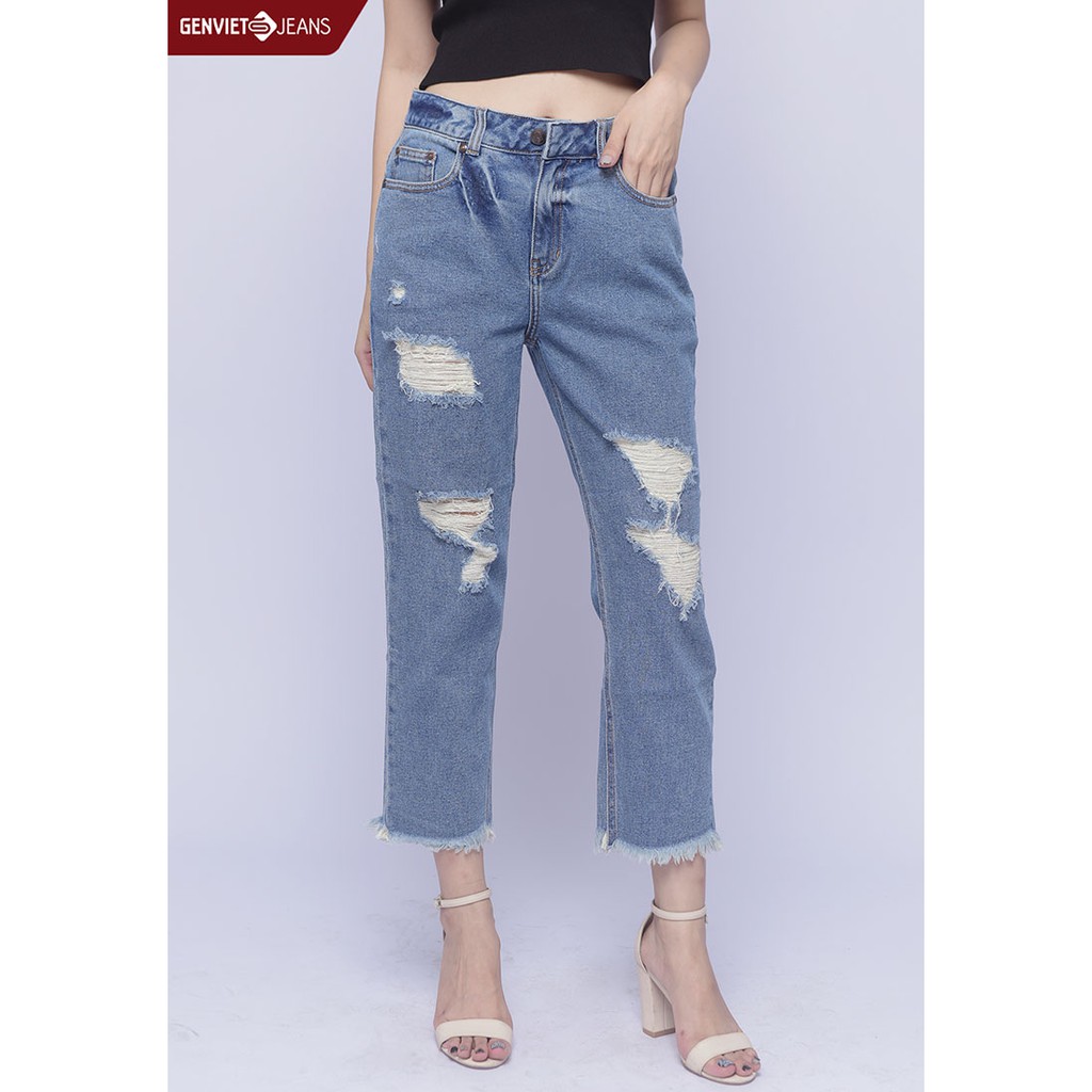 Quần Dài Jeans Nữ Phối Xước Rách TQ104J986 GENVIET