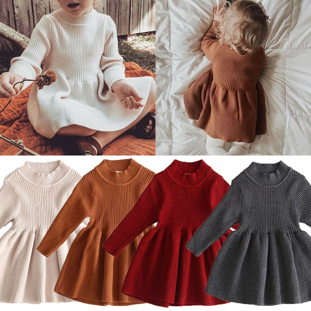 Đầm len tay dài màu trơn thời trang dành cho bé gái