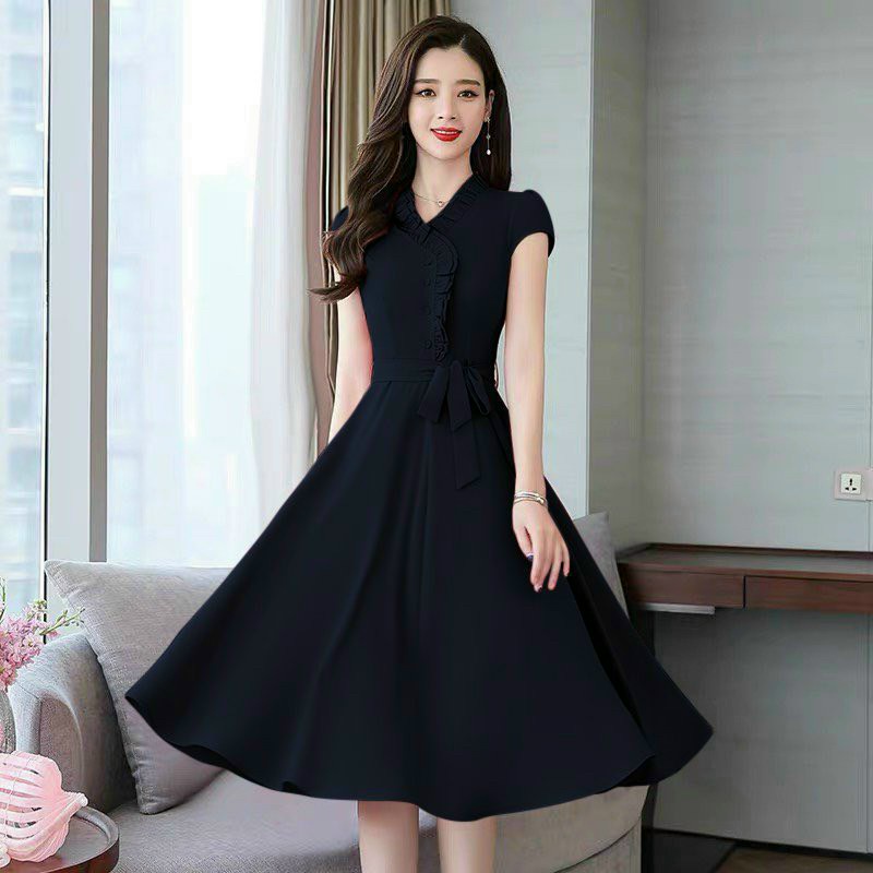 Đầm váy nữ trung niên chữ A dự tiệc dạo phố đỏ đen sang trọng nhẹ nhàng